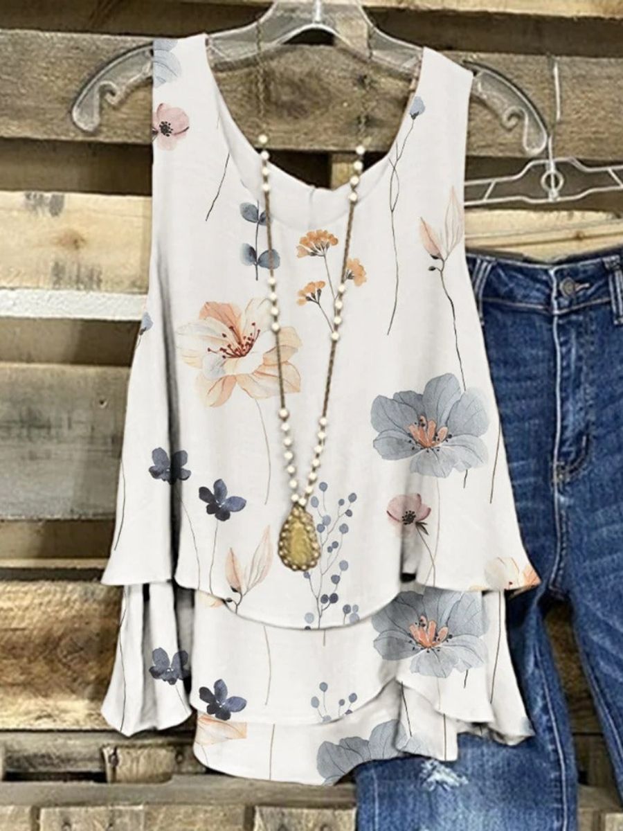 LilyWish White Casual Round Neck Floral Printed Sleeveless Tank