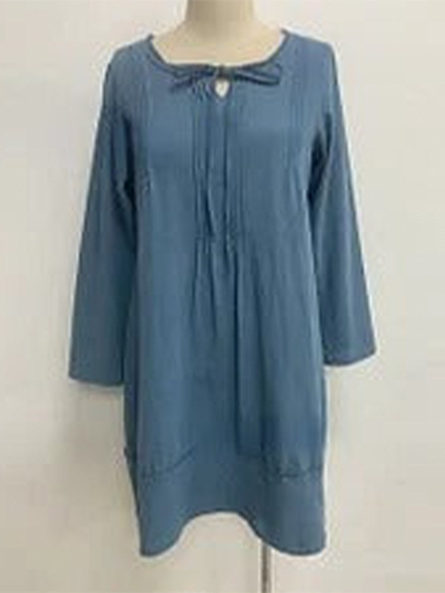 Casual Plain V-neck Long Sleeve Midi Dress