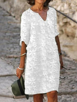 Women's White Floral Lace V-Neck Half Sleeve Shift Dress