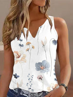 LilyWish White Casual V Neck Floral Printed Sleeveless Tank