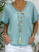 Solid Casual V-neck Short Sleeve Blouse - Blue