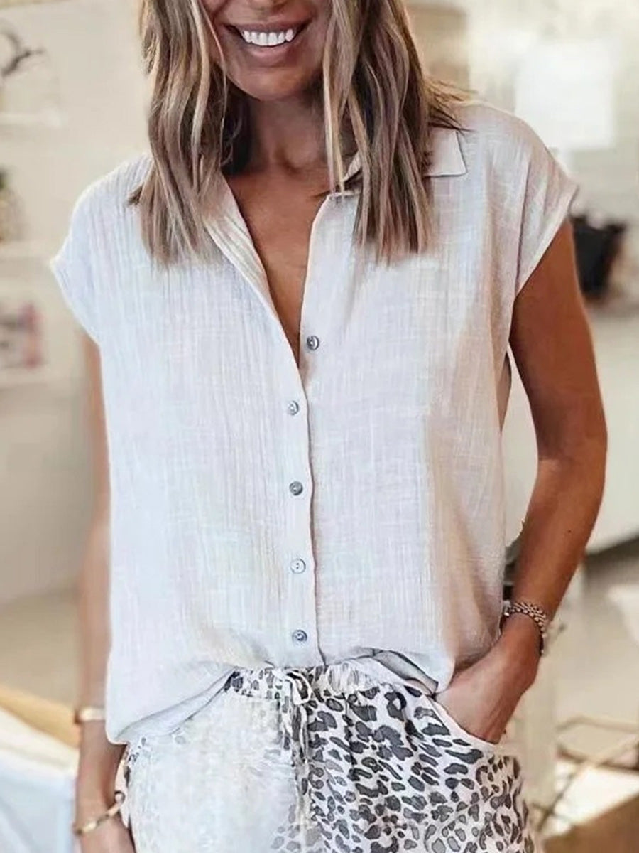 LilyWish Solid Color Loose Lapel Short Sleeve Top