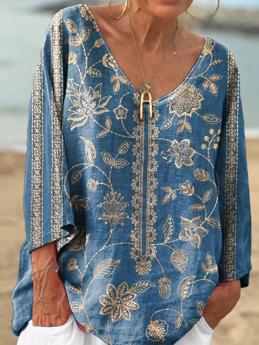 Blue V-Neck 3/4 Sleeve Top