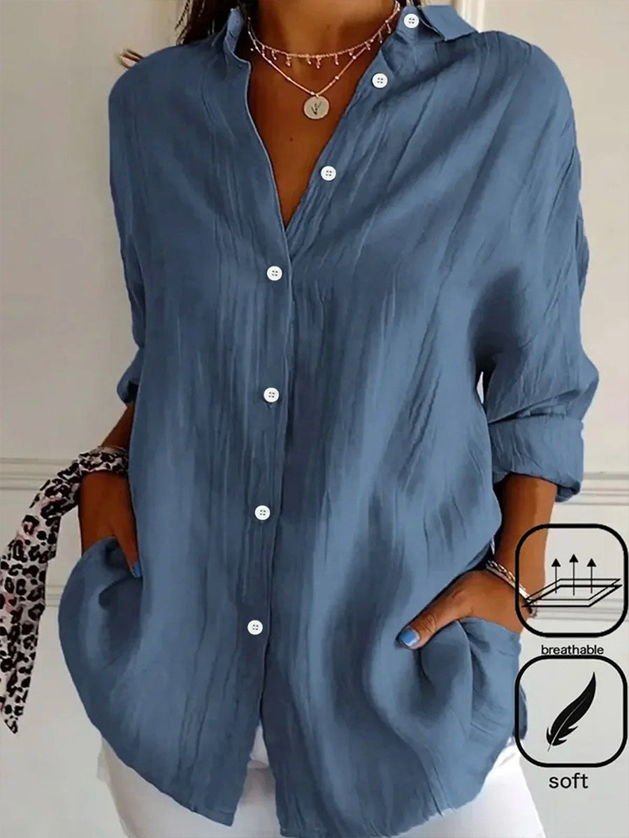 LilyWish Solid Casual Buttoned Loose V Neck Blouse