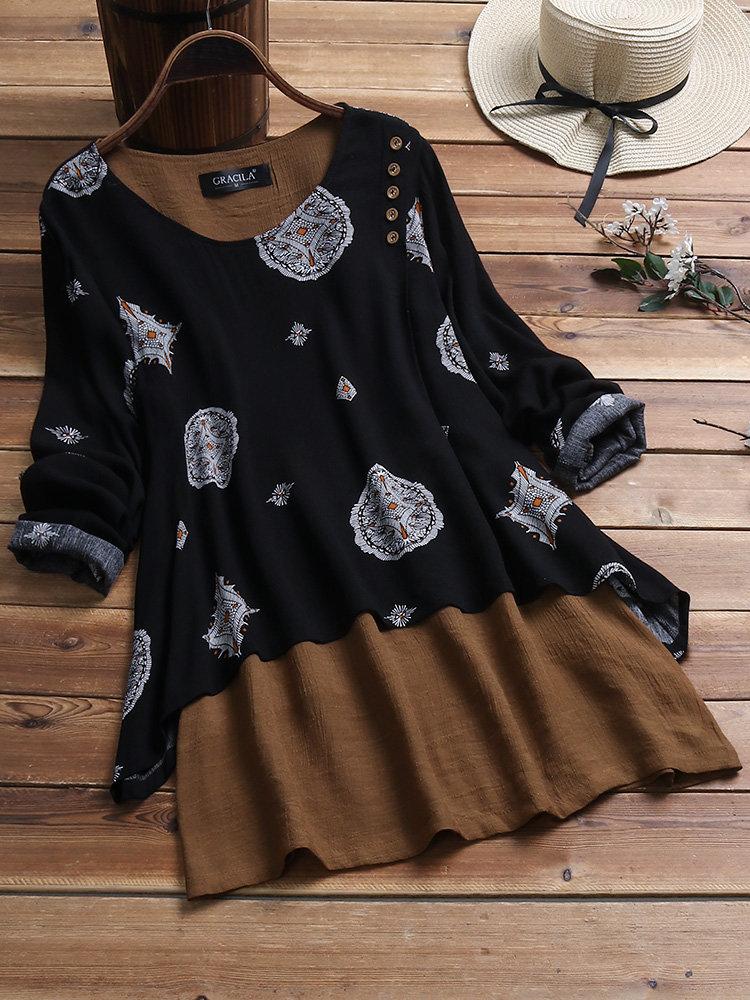 LilyWish Ethnic Print Patch Long Sleeve Crew Neck Blouse