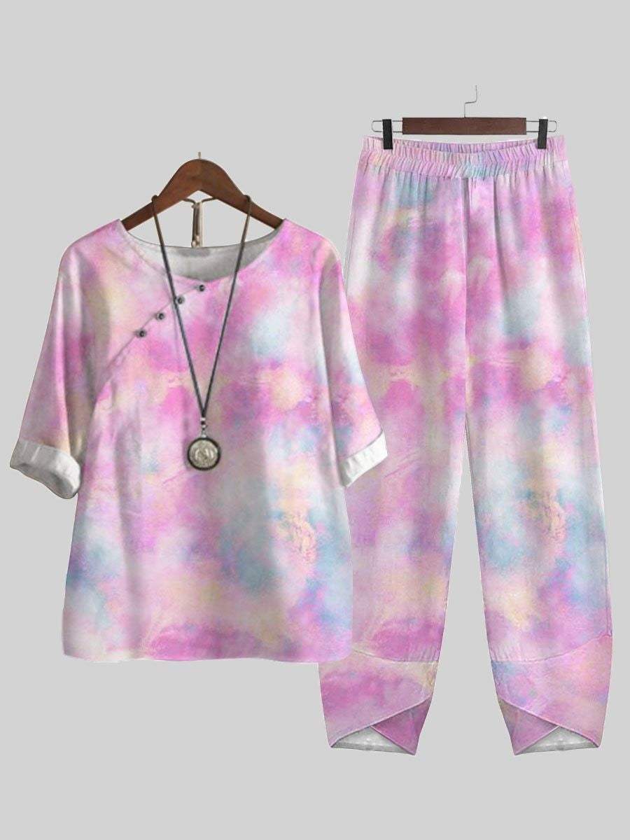 Pink Casual Round Neck Tie Dye Printed Half Sleeve Two Piece Suit