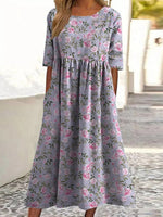 LilyWish Floral Print Short Sleeve Round Neck Midi Dress