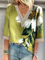 LilyWish Unique Floral Print V-neck 3/4 Sleeve Top