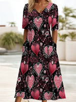 LilyWish Heart Print Round Neck Short Sleeve Dress