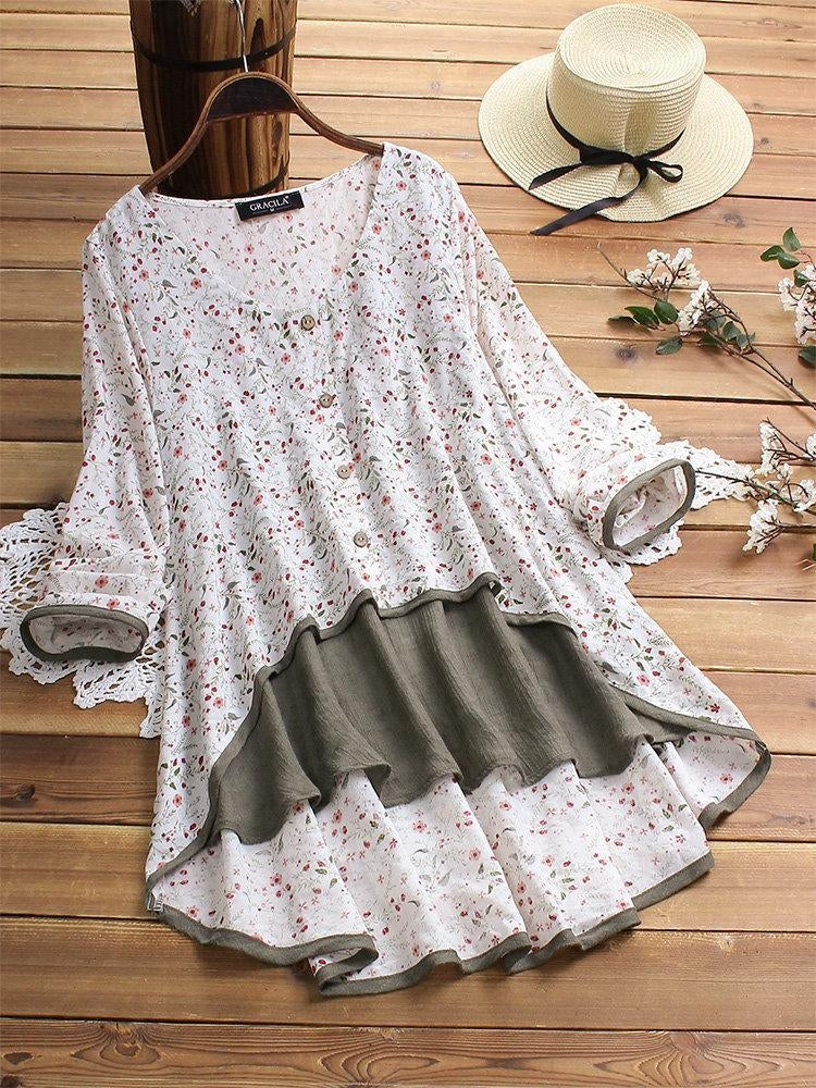 Women's Floral Print Patchwork Long Sleeve Irregular Hem Blouse