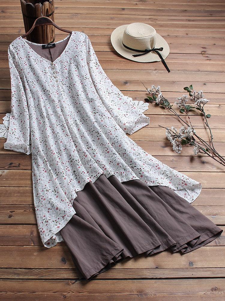 LilyWish Vintage Patchwork Print V-Neck Maxi Dress with Pockets
