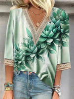 LilyWish Dreamy Green Floral Print V-neck 3/4 Sleeve Top