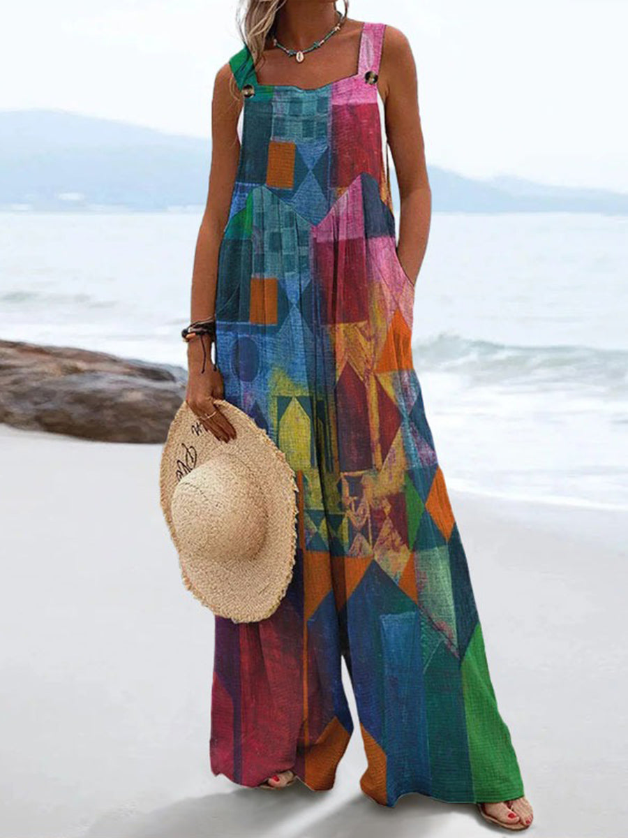 Vintage Plaid Splicing Print Casual Wide Leg Jumpsuit