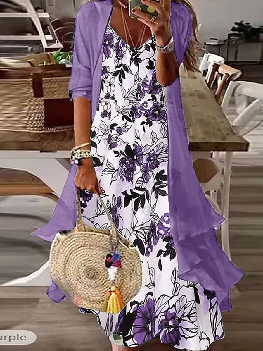 3/4 Sleeve V Neck Floral Two-Piece Maxi Dress