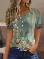 LilyWish Vintage Floral Print V-neck Short Sleeve Blouse