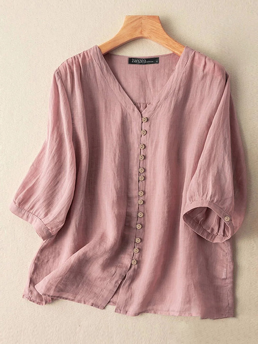 Women Solid V-Neck Button Front Cotton 3/4 Sleeve Shirt