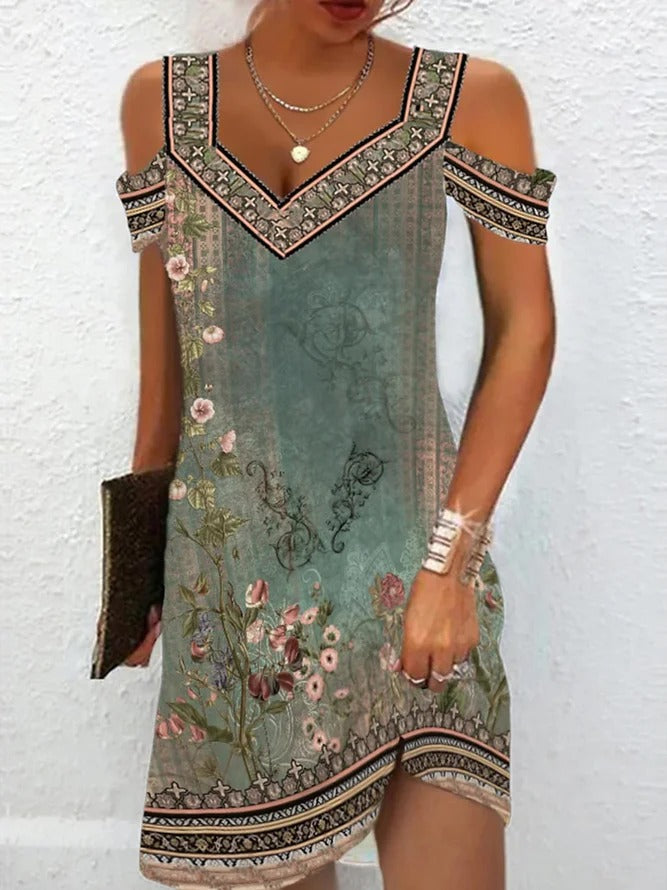 Green Casual V Neck Floral Printed Daily Dress