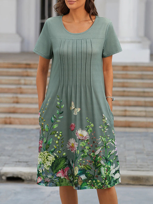 Green Casual Round Neck Short Sleeve Floral Printed Dresses