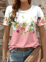 Casual Floral Print Round Neck Short Sleeve T-Shirt