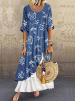 Blue Casual Round Neck Floral Printed Long Sleeve Dresses