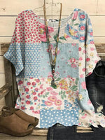 LilyWish Retro Floral Crew Neck Short Sleeve Top