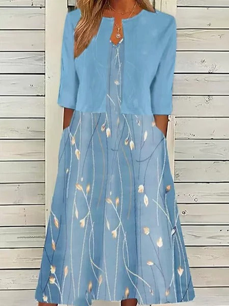 Relaxed V-Neck Color Block Two-Piece Midi Dress for Vacation