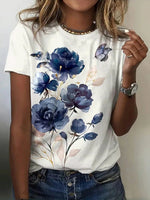 LilyWish Vintage Floral Print Round Neck Short Sleeve T-Shirt