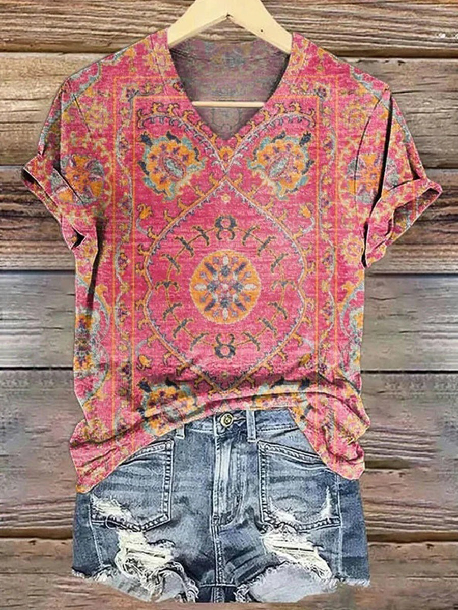 LilyWish Vintage Ethnic Print V-neck Short Sleeve T-Shirt