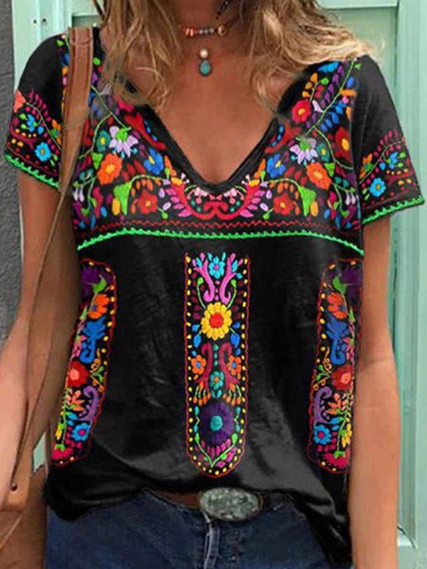 Black Comfy V-neck Short Sleeve Floral Printed Blouse