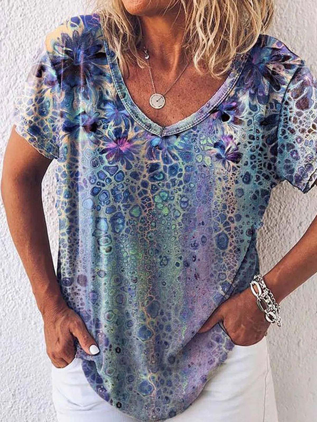 LilyWish Multi Casual V Neck Printed Short Sleeve Blouse
