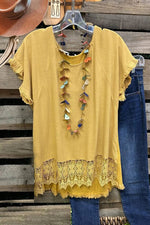 Yellow Solid Color Lace Stitching Blouse