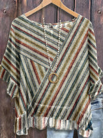 Classy Round Neck 3/4 Sleeve Striped Print Top
