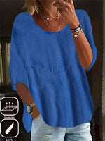 LilyWish Blue Crew Neck Half Sleeves Loose Blouse