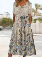 Women's Short Sleeve V-neck Graphic Printed Lace Stitching Midi Dress