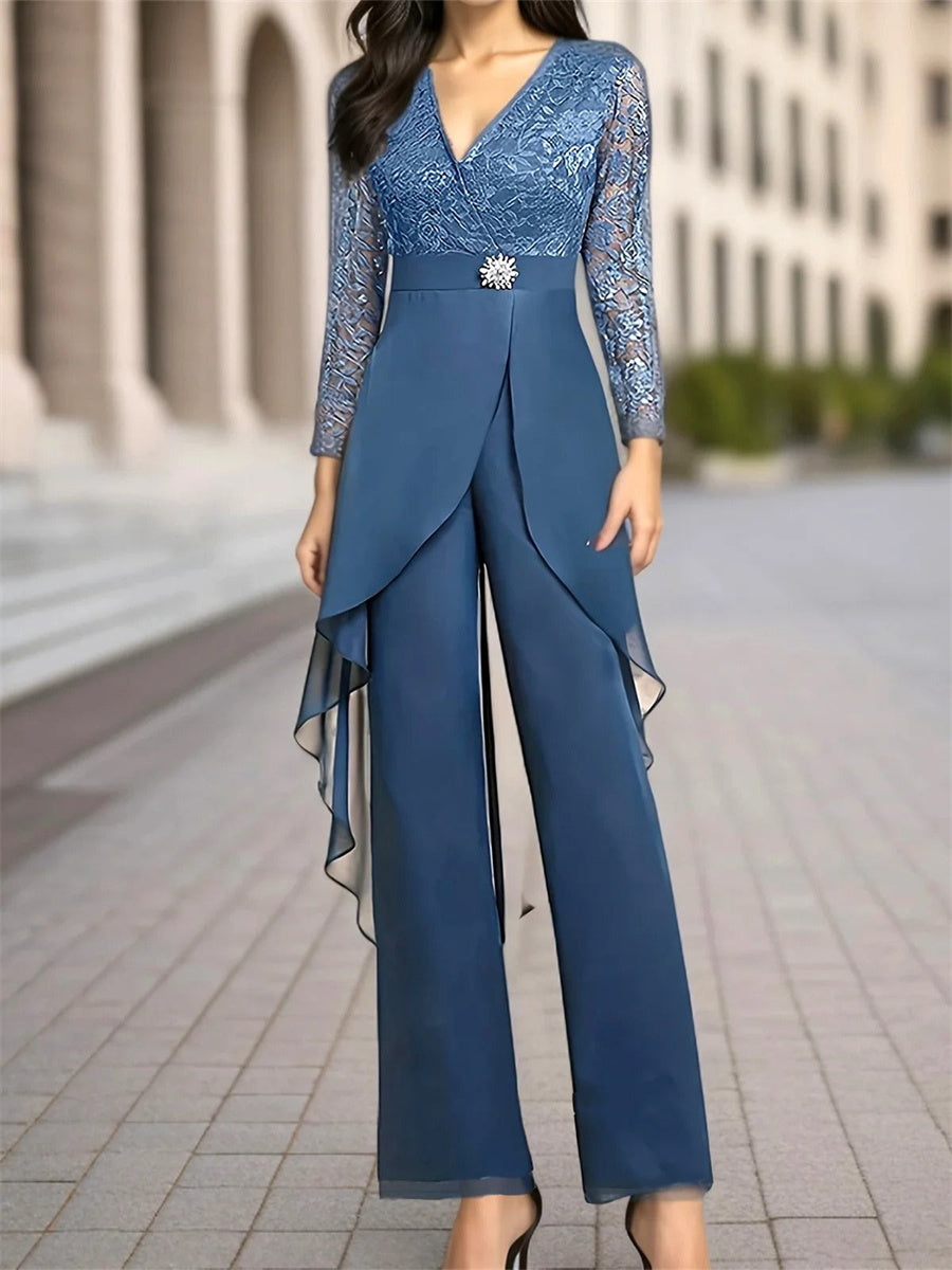 Elegant Lace Chiffon Plain V-neck Long Sleeve Two Piece Set