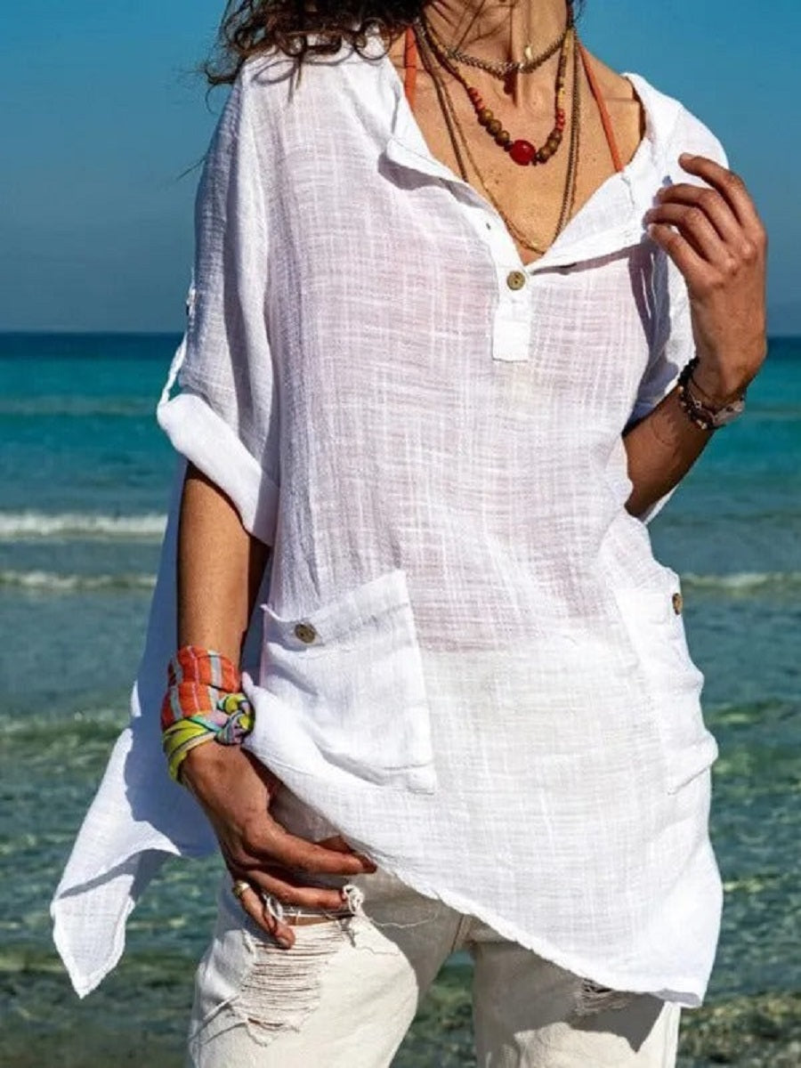 LilyWish White Casual V Neck Solid Long Sleeve Blouse