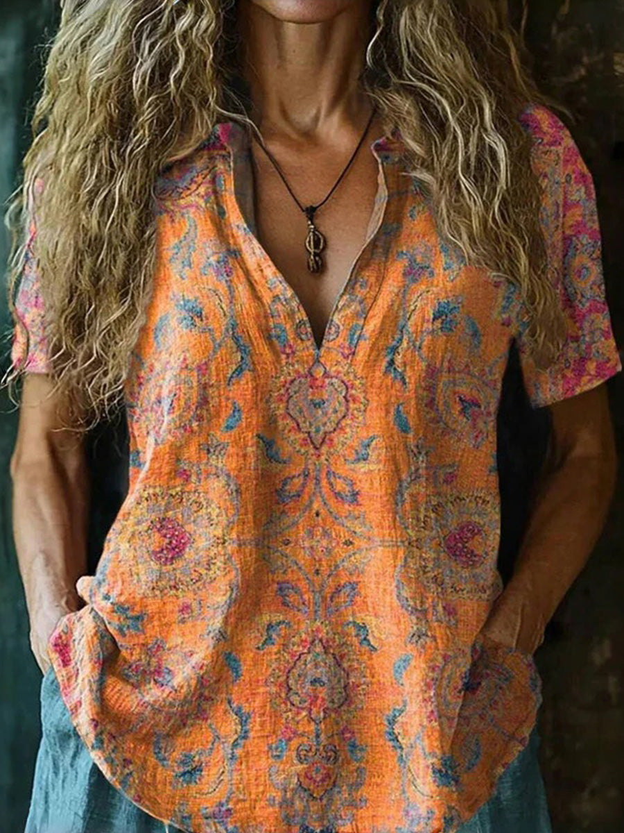 LilyWish Vintage Ethnic Print V-neck Short Sleeve Blouse