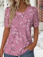 LilyWish Vintage Floral Print U-neck Short Sleeve T-Shirt