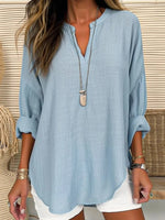 LilyWish Blue Casual V Neck Solid Long Sleeve Blouse