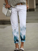Landscape Print White Zipper Pants