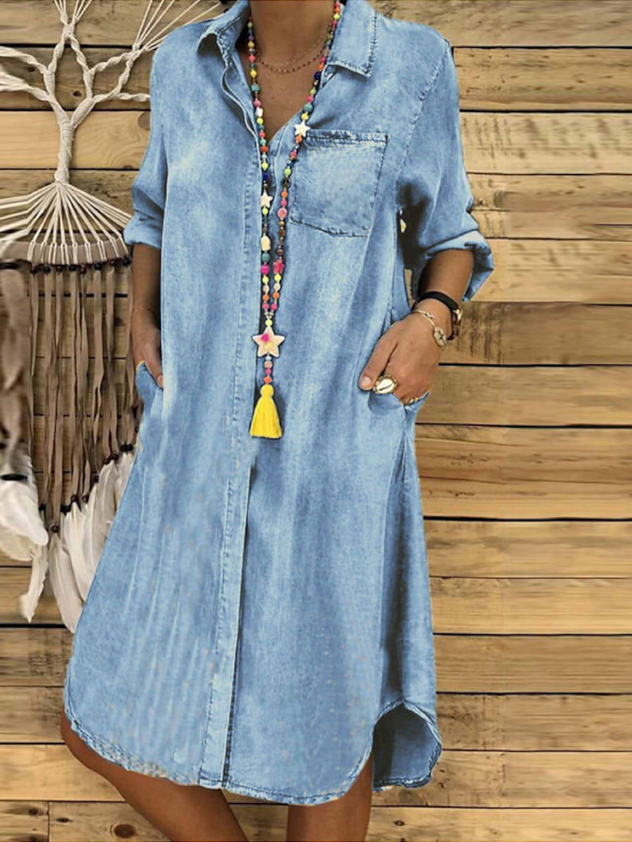 Casual Long Sleeve Collared Midi Shirt Dress with Pocket
