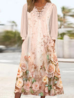 Women's Long Sleeve V-neck Floral Printed Lace Stitching Midi Dress
