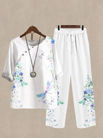 White Casual Round Neck Dragonfly Printed Half Sleeve Two Piece Suit
