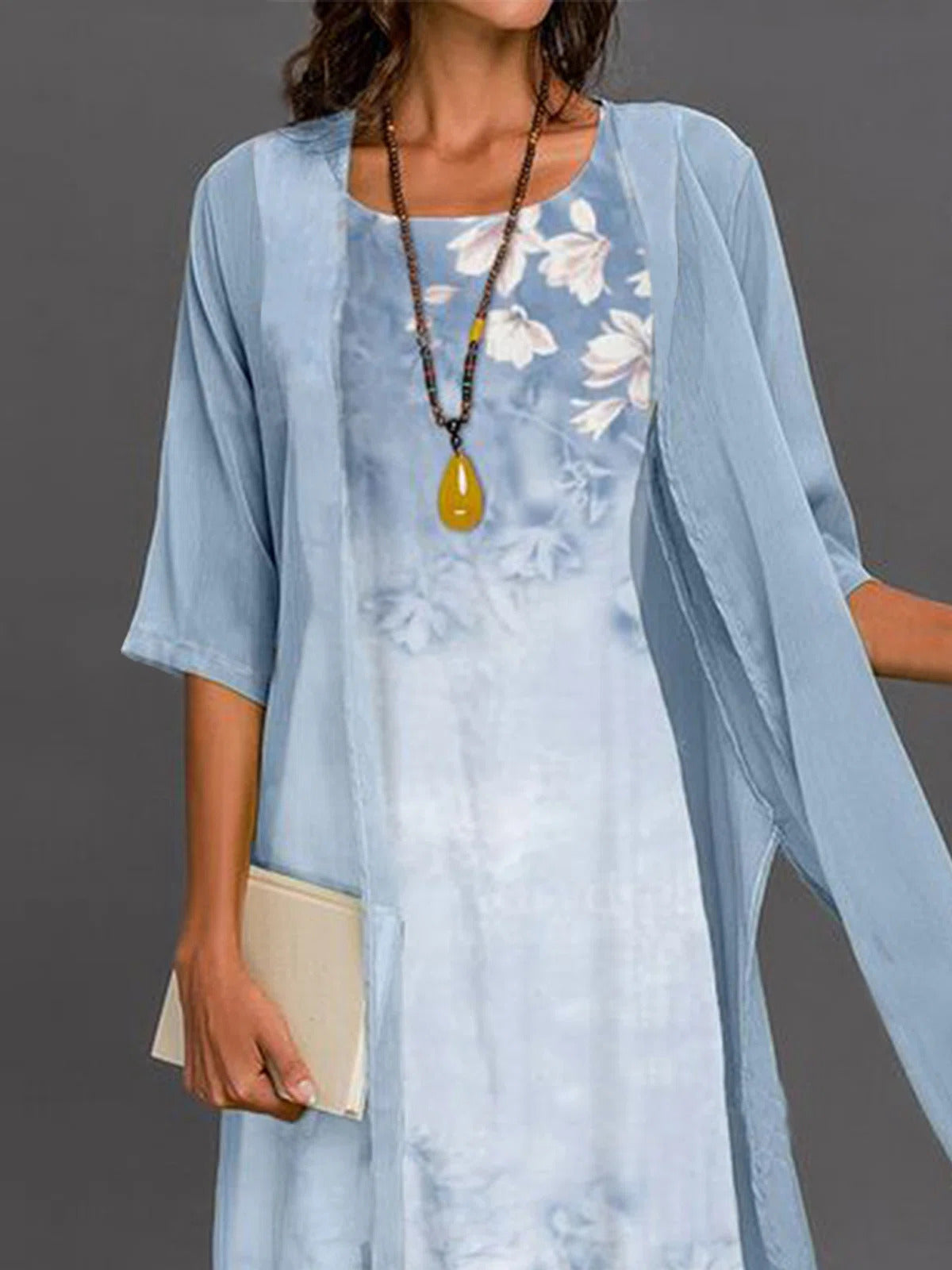 Women's Floral Print Midi Dress with Sheer Long Cardigan Set