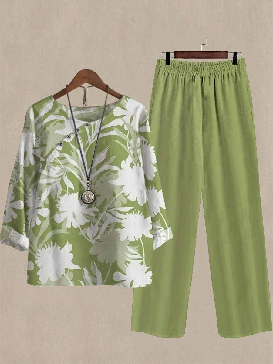 Women's Casual Floral Print Top & Elastic Waist Pants Two-Piece Set