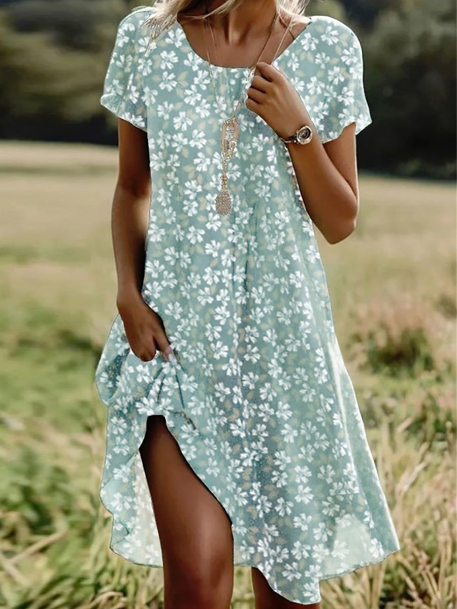Casual Crew Neck Floral Print Short Sleeve Dress