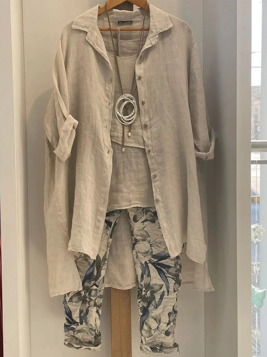 Plus Size Khaki Tank Top Trouser Cardigan Three Piece Set