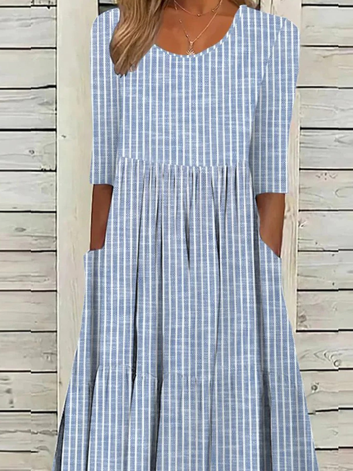 Women's Striped Half Sleeve Loose Fit Midi Dress with Pockets