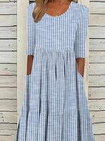 Women's Striped Half Sleeve Loose Fit Midi Dress with Pockets