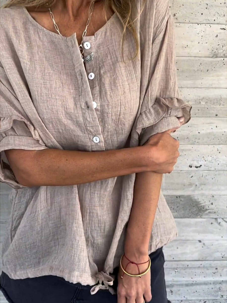 LilyWish Women's Casual Loose Button Front Roll Sleeve Tie Hem Blouse